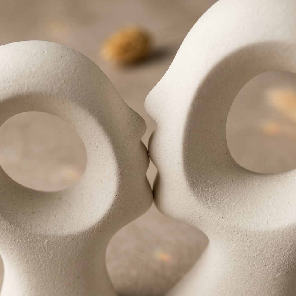 Ivory white ceramic couple vase close-up, textured sculptural faces with circular openings