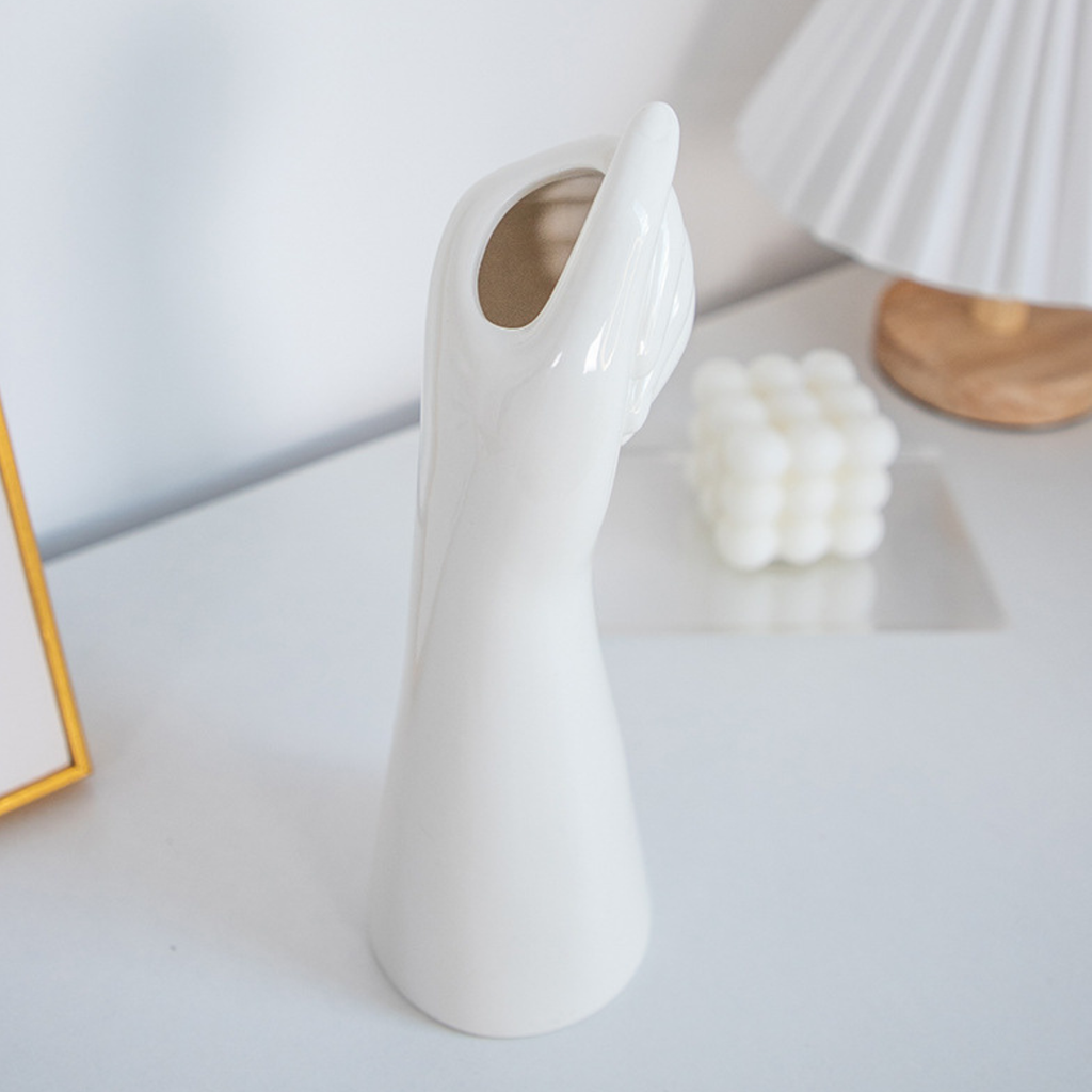 Abstract hand ceramic vase (white), smooth hand-shaped body with top cutout opening