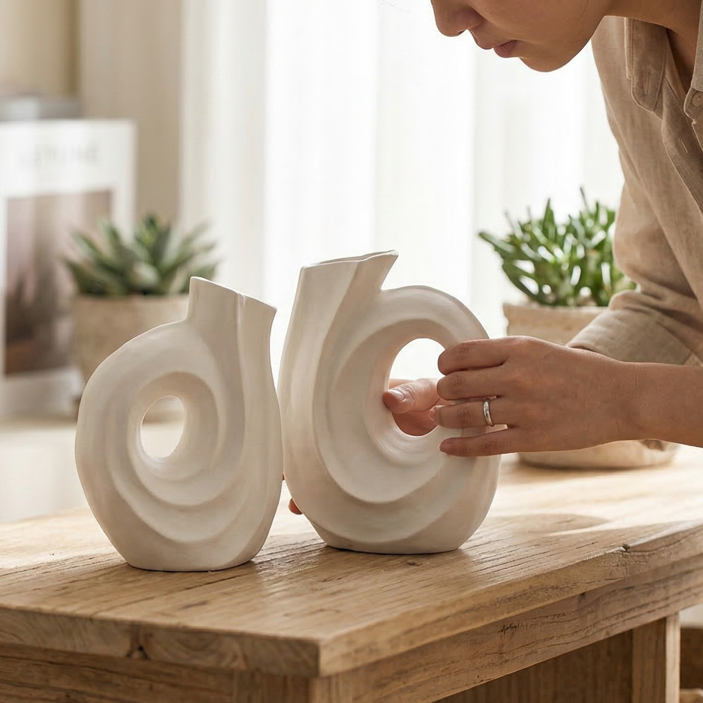 Person holding a white ceramic sculpture on a wooden surface with a blurred indoor background