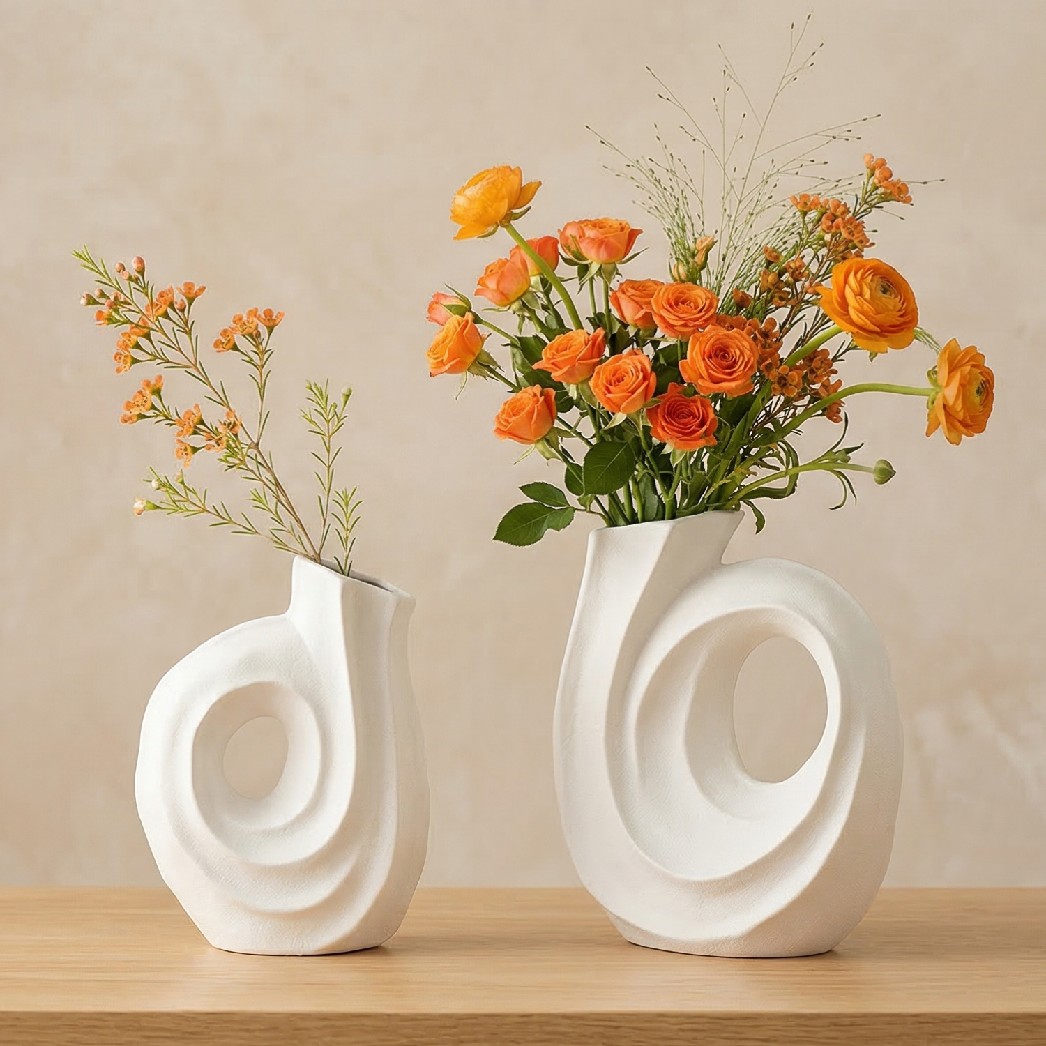Abstract Spiral Ceramic Vase Set (2-Piece) – Modern Decor in Ivory White or Obsidian Black