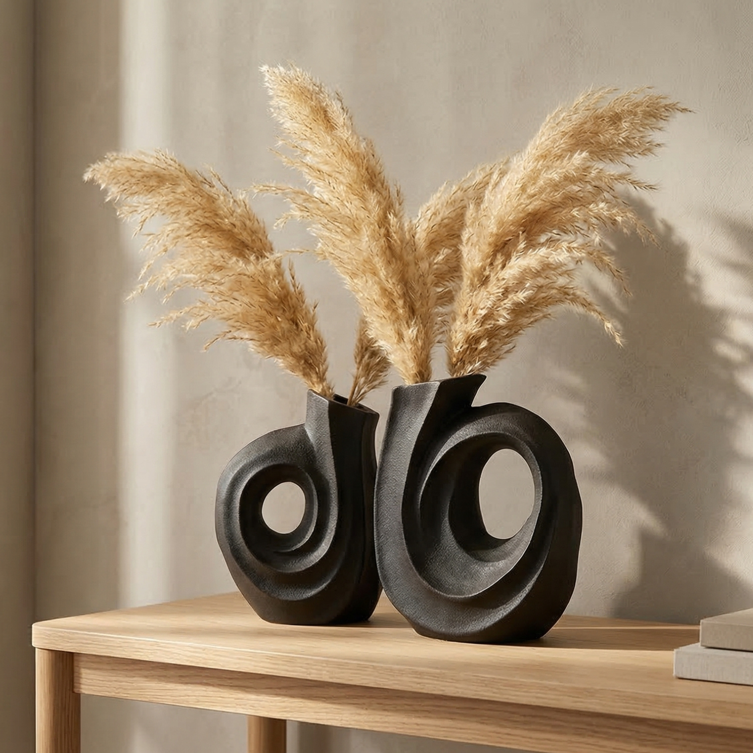 Abstract Spiral Ceramic Vase Set (2-Piece) – Modern Decor in Ivory White or Obsidian Black