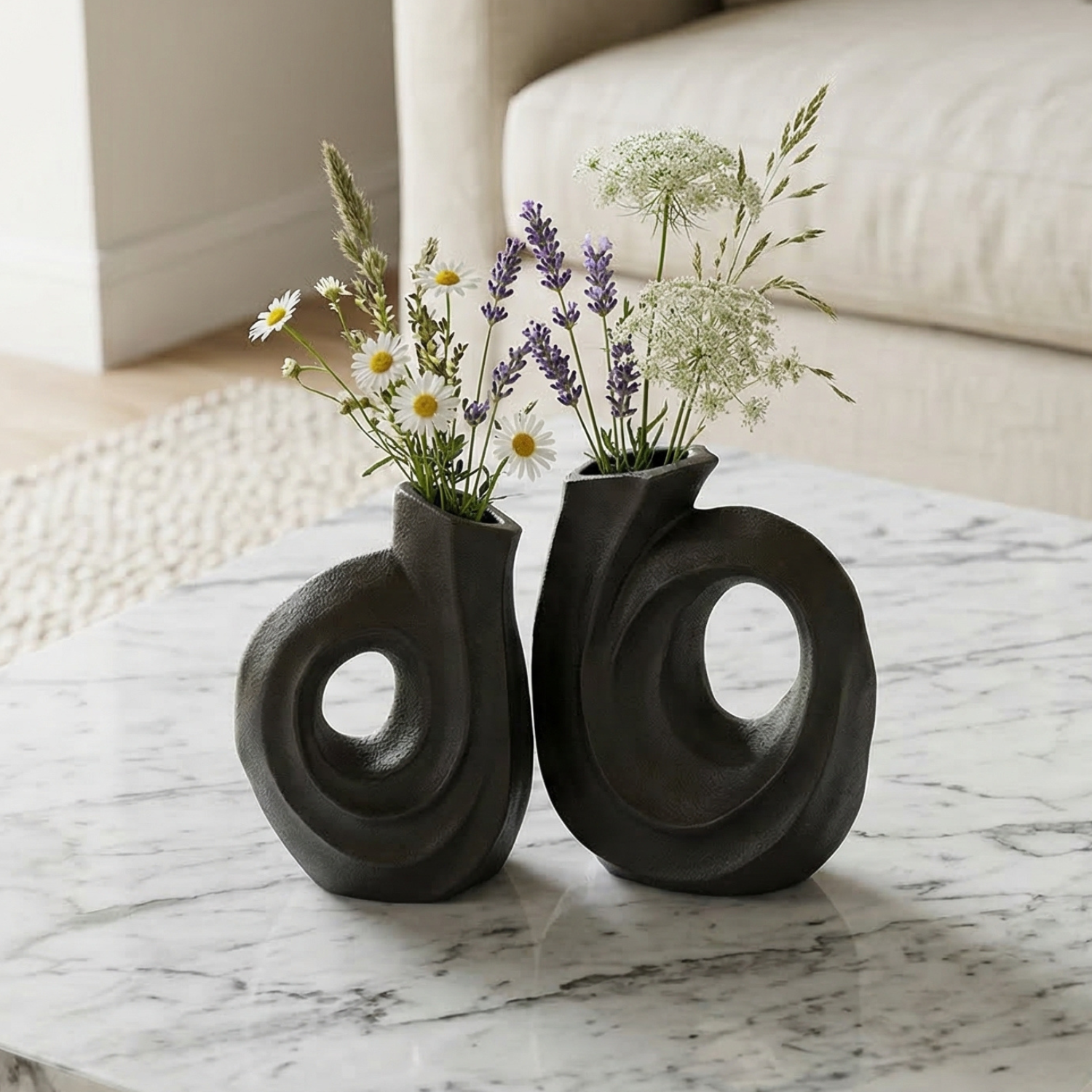 Abstract Spiral Ceramic Vase Set (2-Piece) – Modern Decor in Ivory White or Obsidian Black
