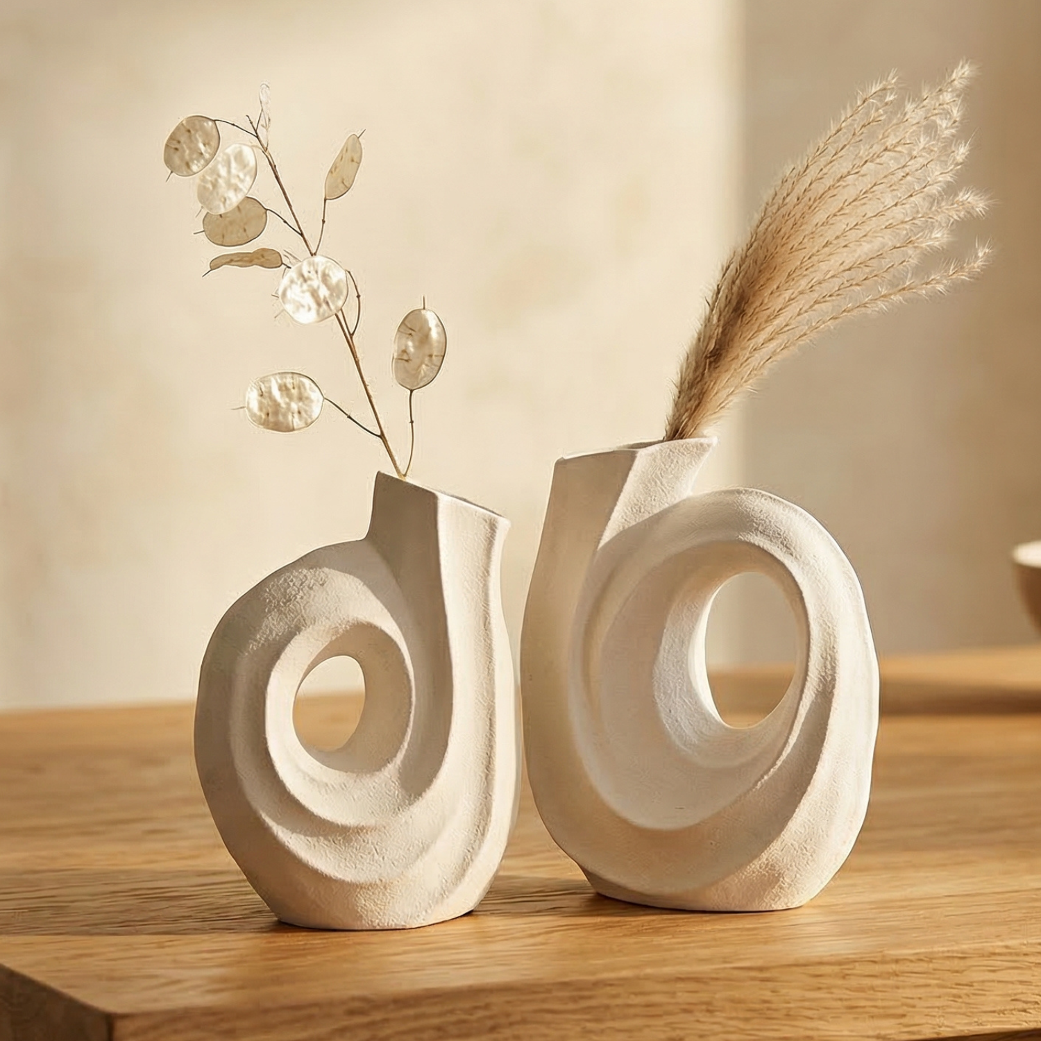 Abstract Spiral Ceramic Vase Set (2-Piece) – Modern Decor in Ivory White or Obsidian Black