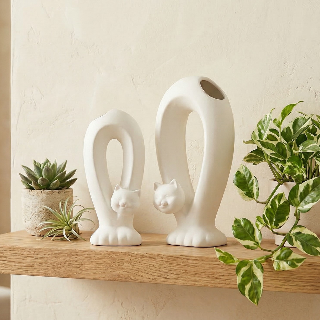 Abstract Cat Ceramic Vase Set (2-Piece) – Modern Sculptural Decor in Ivory White or Obsidian Black