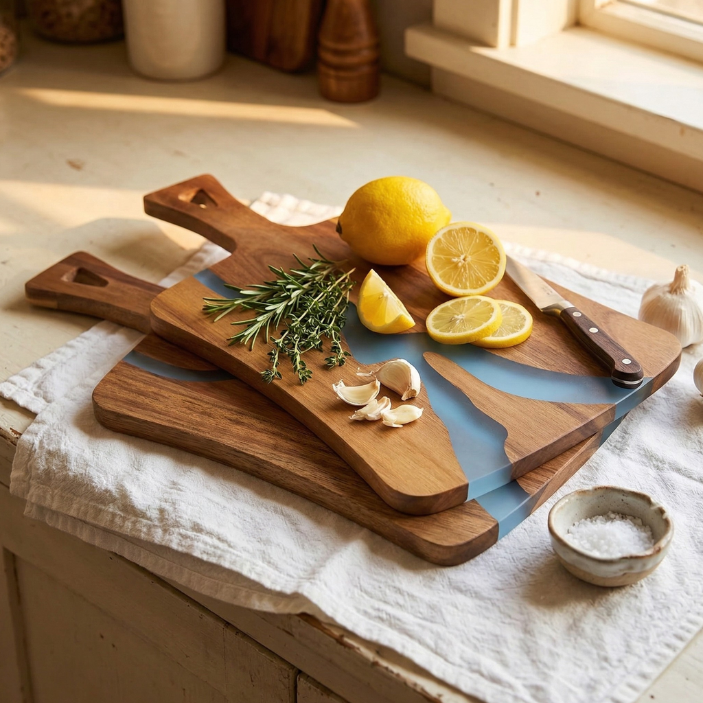Acacia wood charcuterie board with blue resin river channel and rounded handles