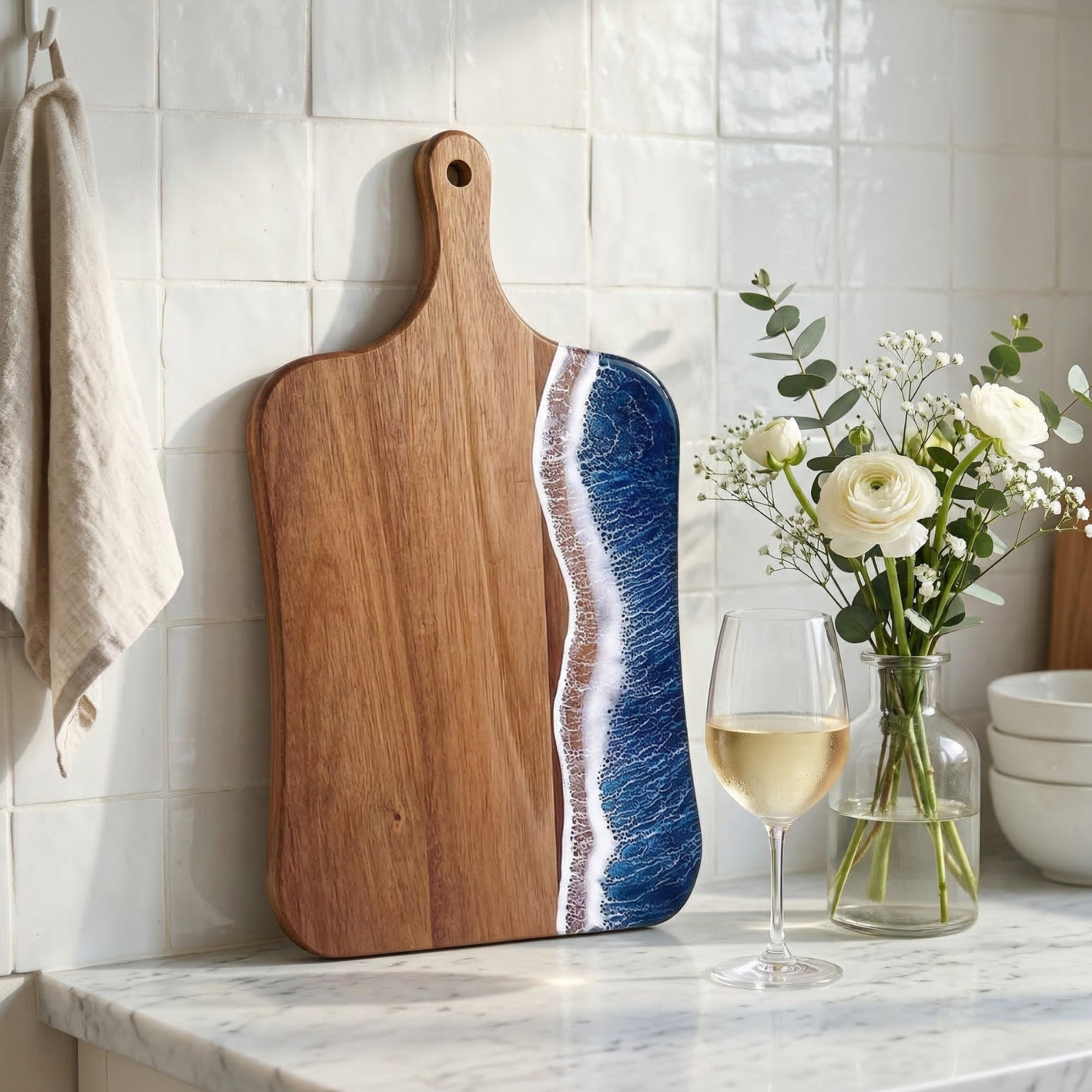 Acacia Wood Ocean Wave Resin Cutting Board | Handcrafted Dual-Sided Charcuterie & Serving Board | Modern Minimalist Kitchen Décor Gift