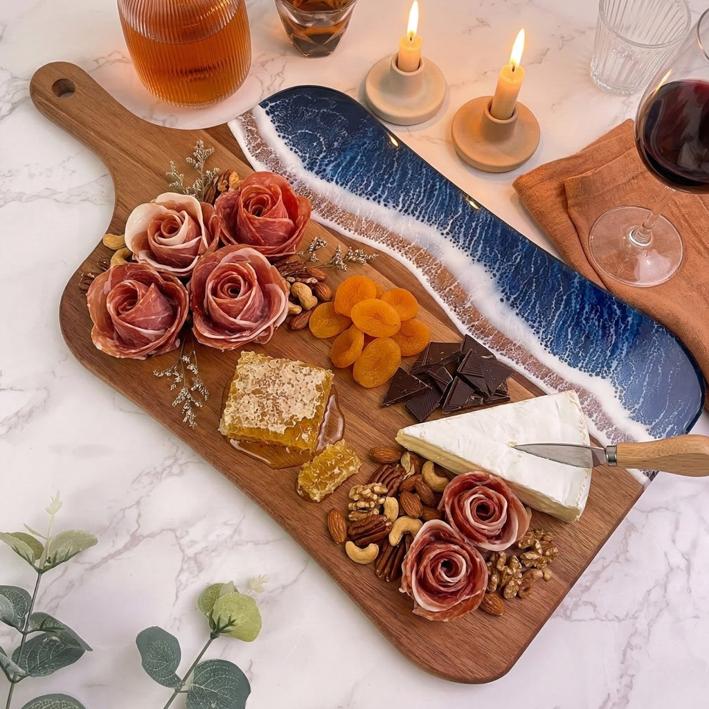Wooden charcuterie board with cured meat roses, cheese, nuts, and dried fruits on a marble surface.
