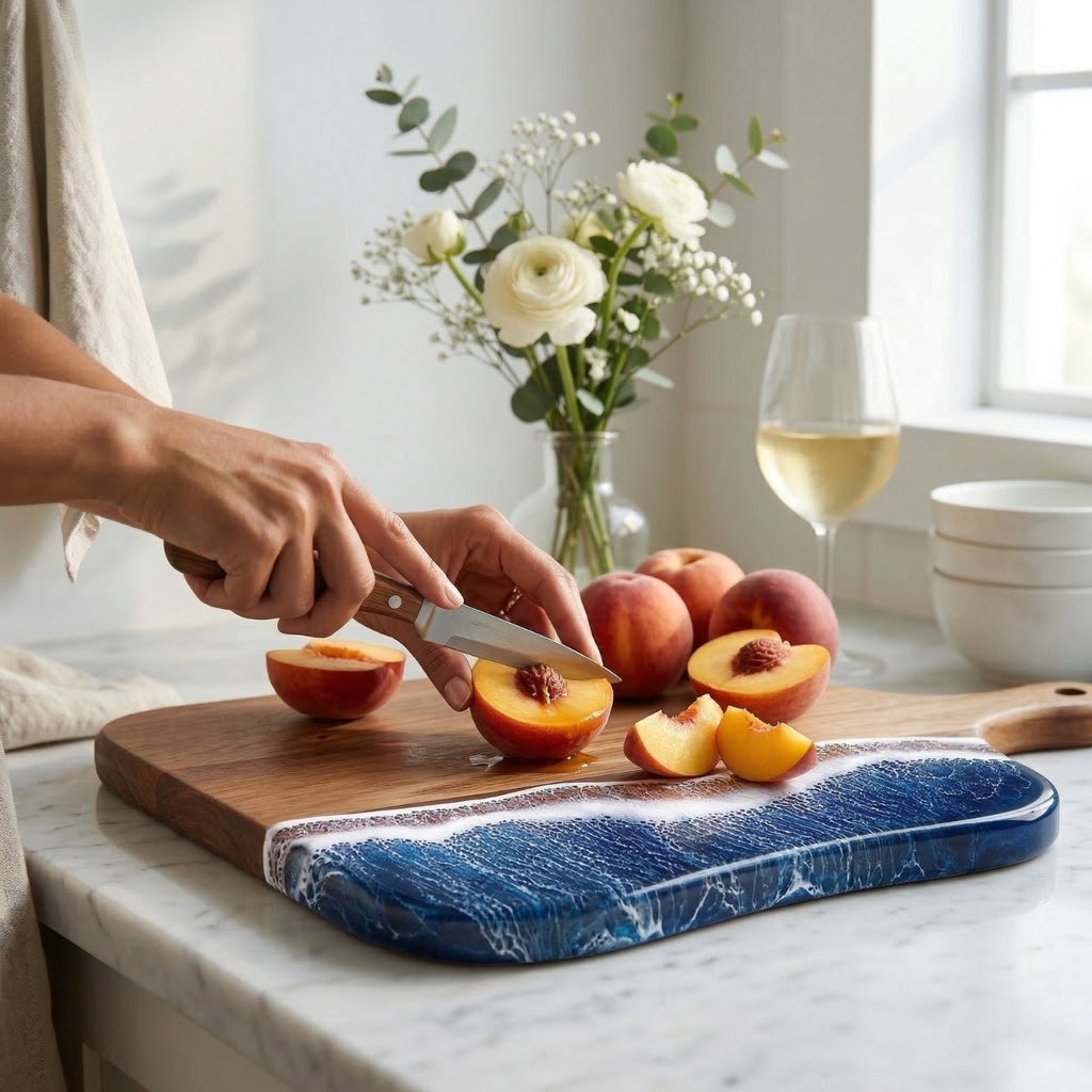 Person cutting peaches on a wooden cutting board with a blue marble pattern, surrounded by flowers and a glass of wine.