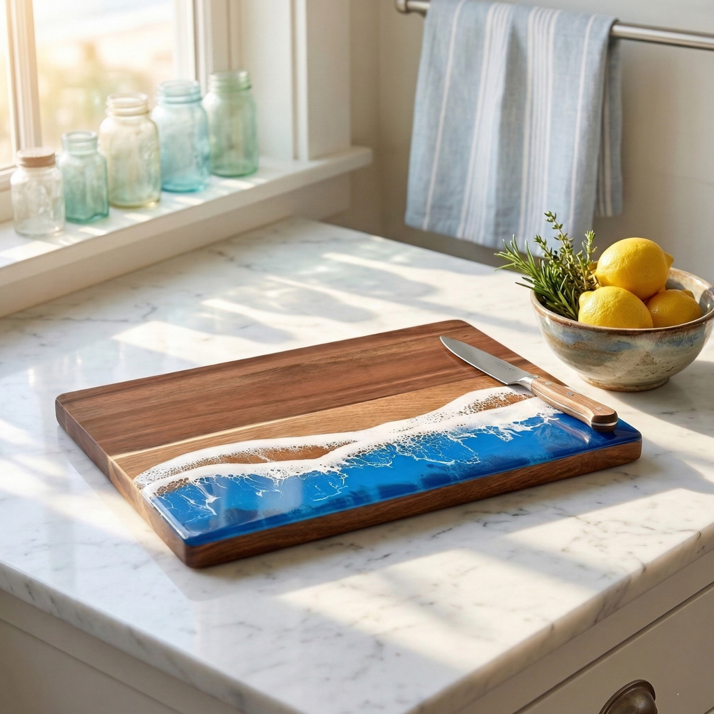 Ocean wave resin cutting board lying flat: blue epoxy wave with white border