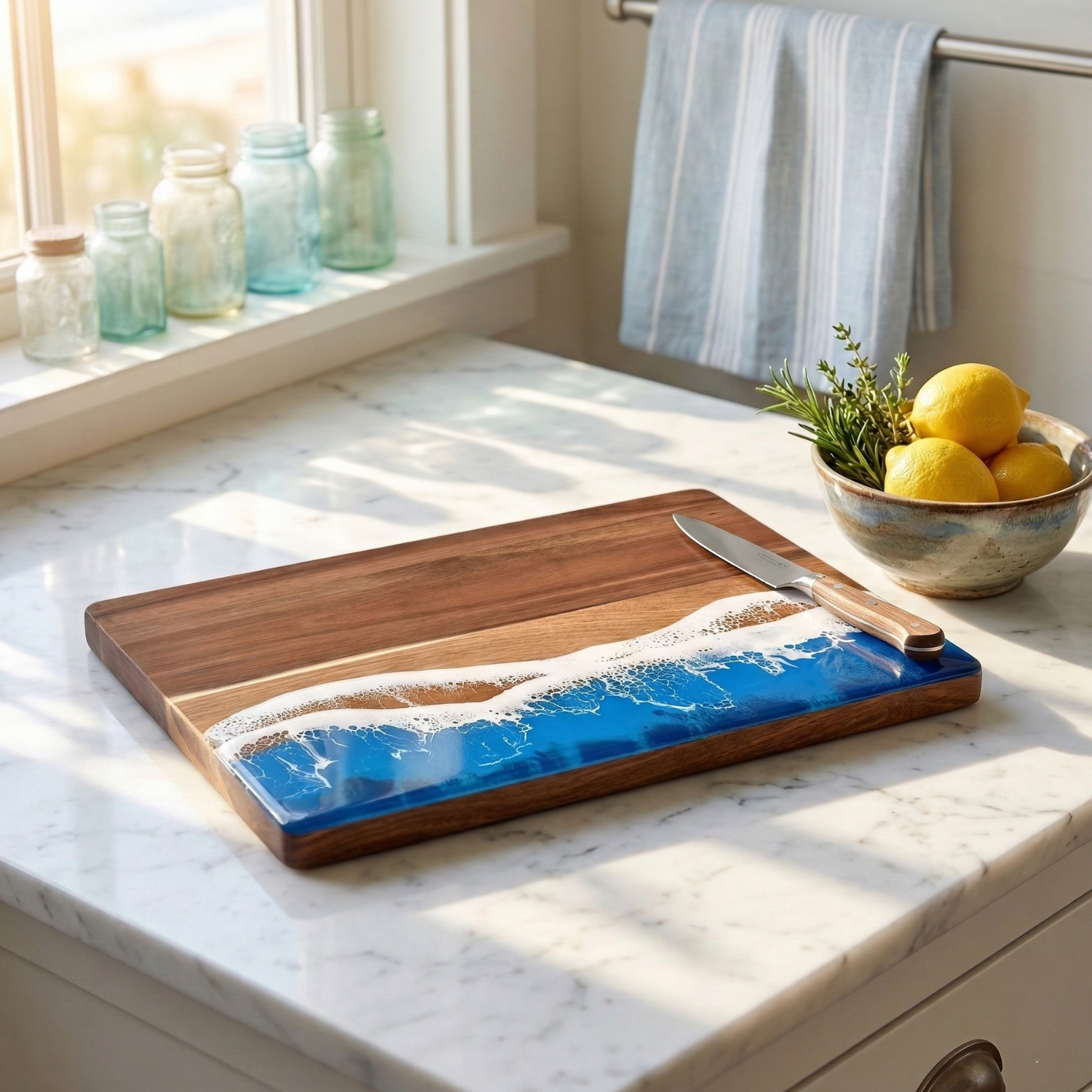 Ocean wave resin cutting board lying flat: blue epoxy wave with white border