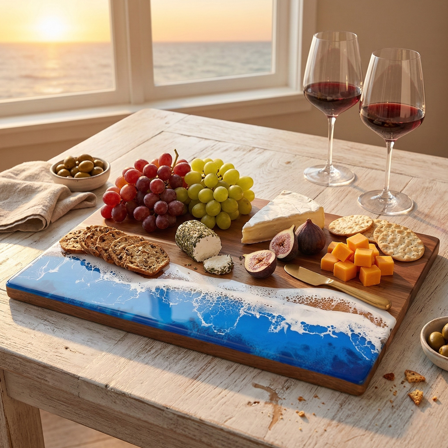 Acacia Wood Ocean Wave Resin Cutting Board – Coastal Epoxy Charcuterie & Serving Board