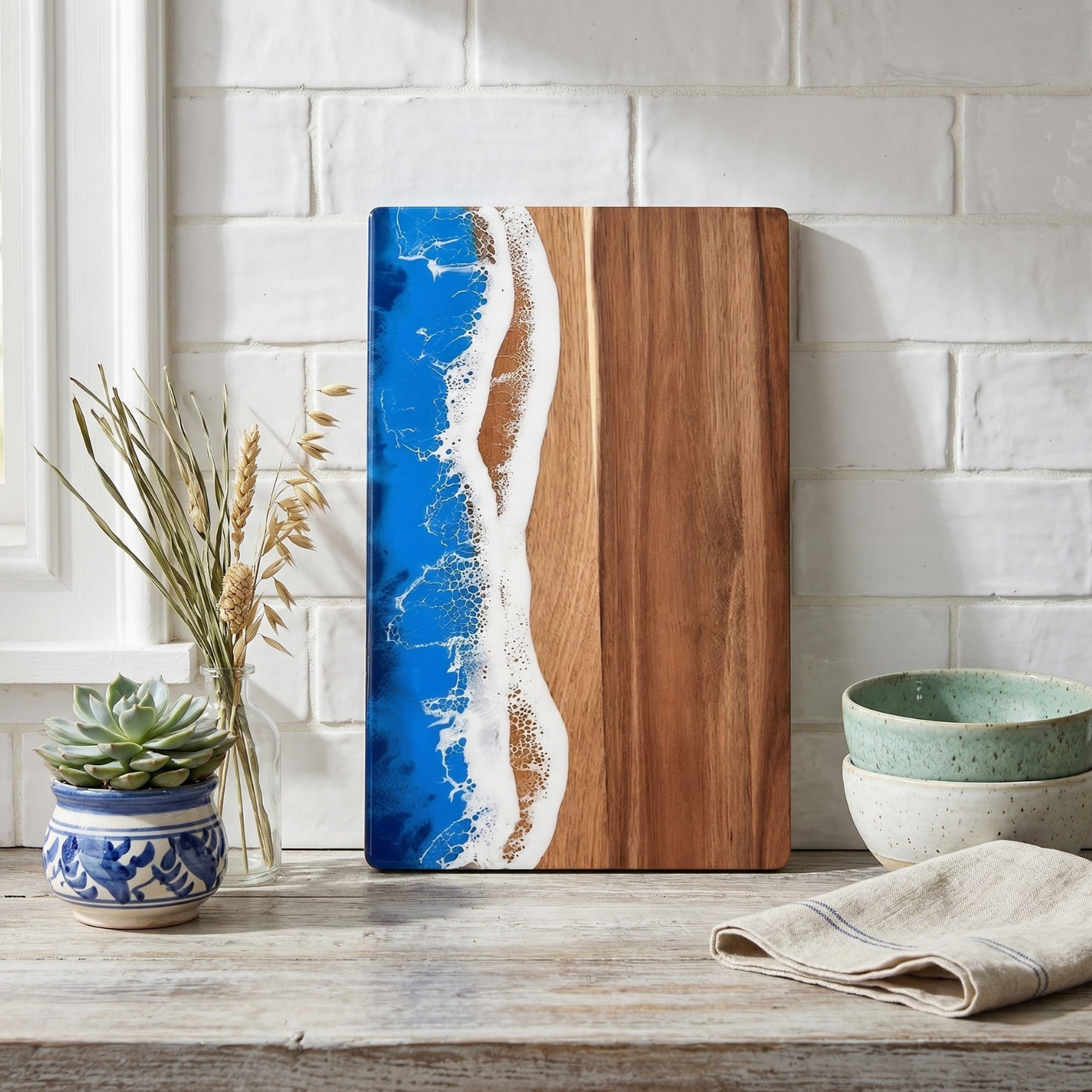 Acacia Wood Ocean Wave Resin Cutting Board – Coastal Epoxy Charcuterie & Serving Board
