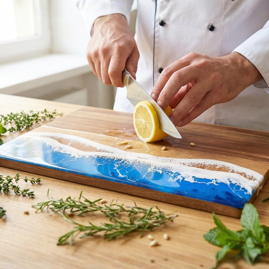Ocean wave board with blue resin surface and white foamy river; chef slicing lemon