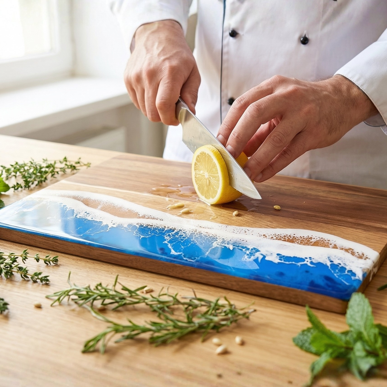 Ocean wave board with blue resin surface and white foamy river; chef slicing lemon