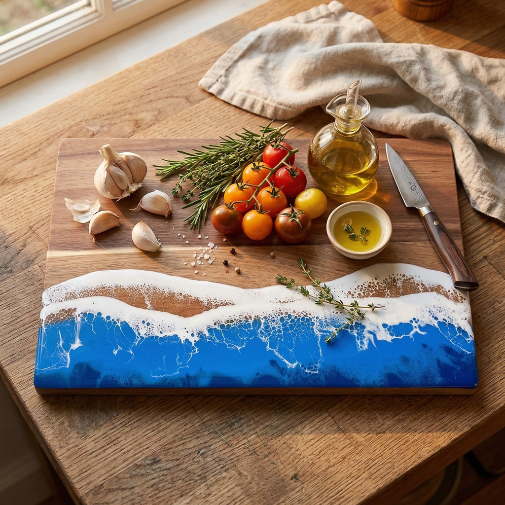 Ocean wave resin board with blue center, white froth line, and natural wood sides