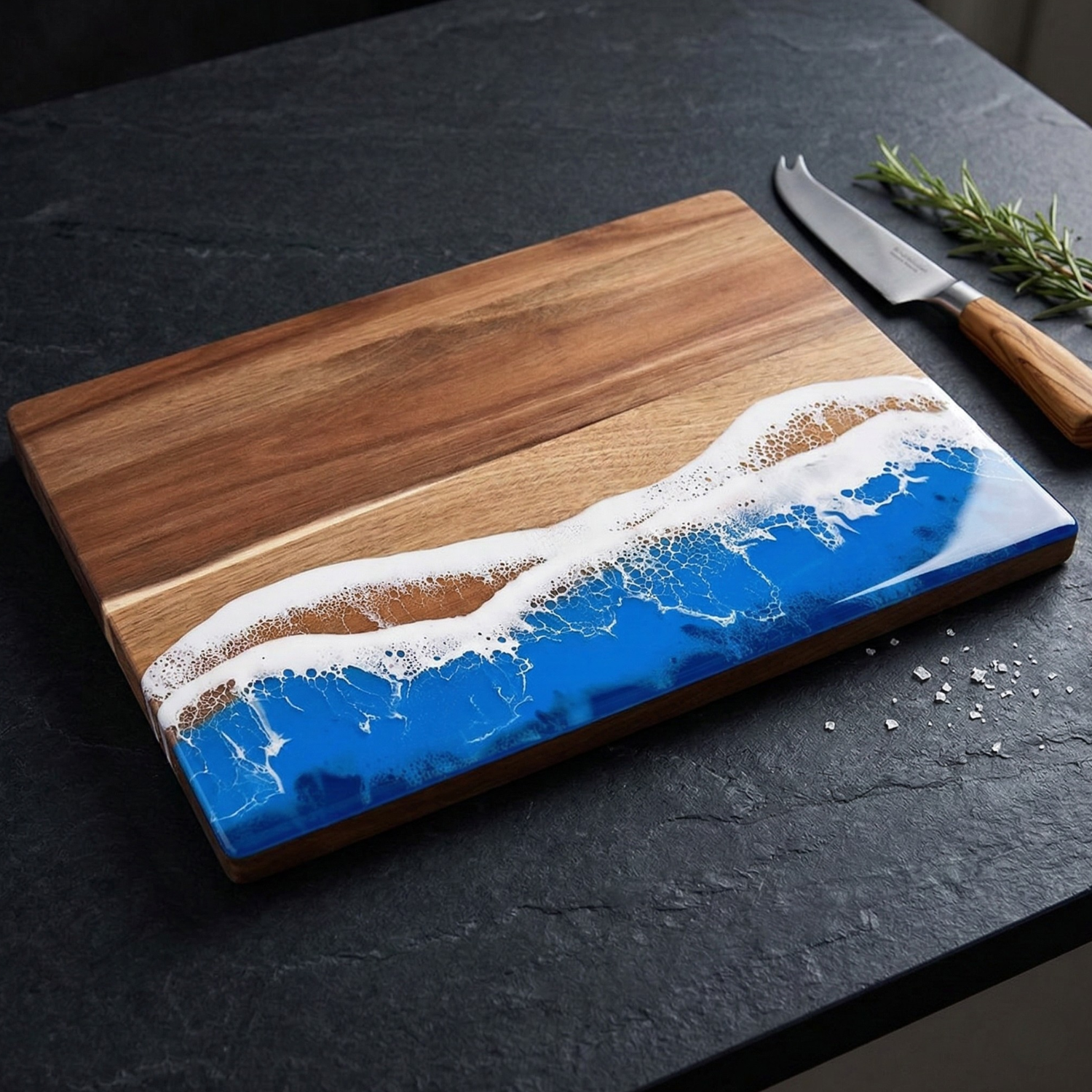 Acacia Wood Ocean Wave Resin Cutting Board – Coastal Epoxy Charcuterie & Serving Board