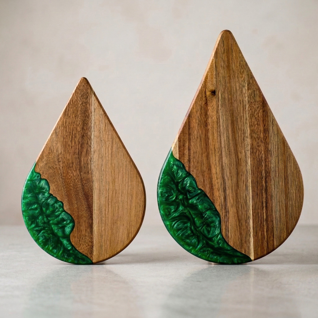 Set of pine nut shaped cutting boards in acacia wood with green resin inlay, side angle