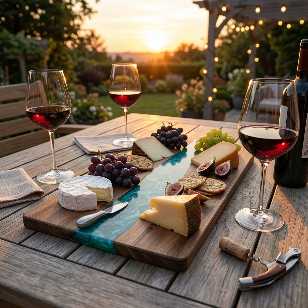 Acacia wood outdoor charcuterie board with teal epoxy river and cheese