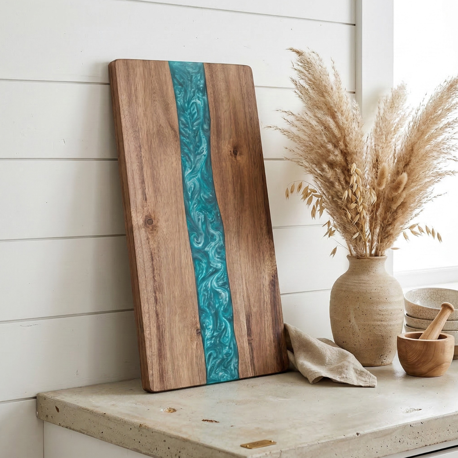 Acacia Wood & Resin River Cutting Board | Handcrafted Epoxy Charcuterie Board | Teal Turquoise Kitchen Décor Gift | 18" Bread Cheese Serving Board