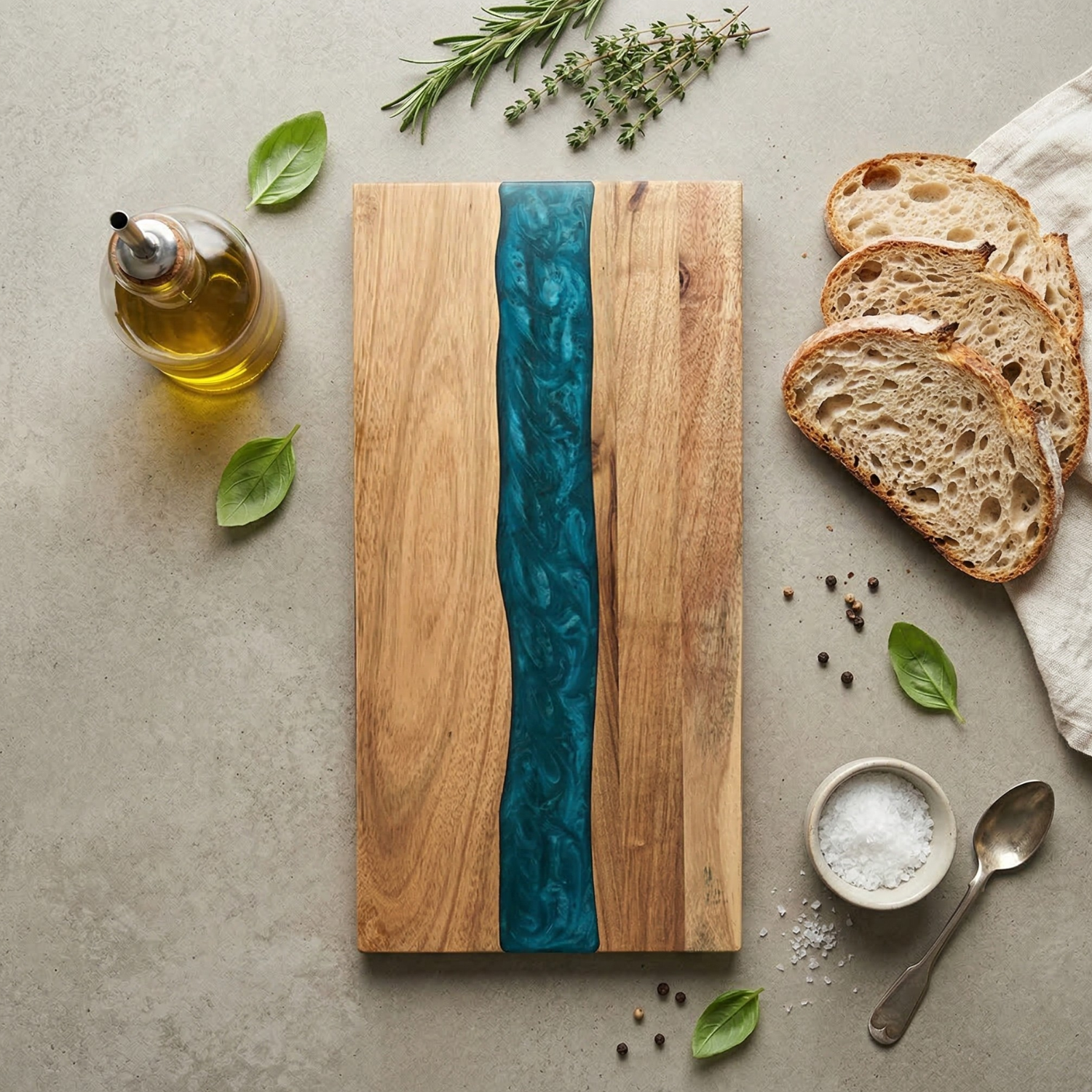 Acacia Wood & Resin River Cutting Board | Handcrafted Epoxy Charcuterie Board | Teal Turquoise Kitchen Décor Gift | 18" Bread Cheese Serving Board