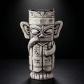 Ceramic tiki mug with tribal totem design, side handles, dark rim, 500 ml
