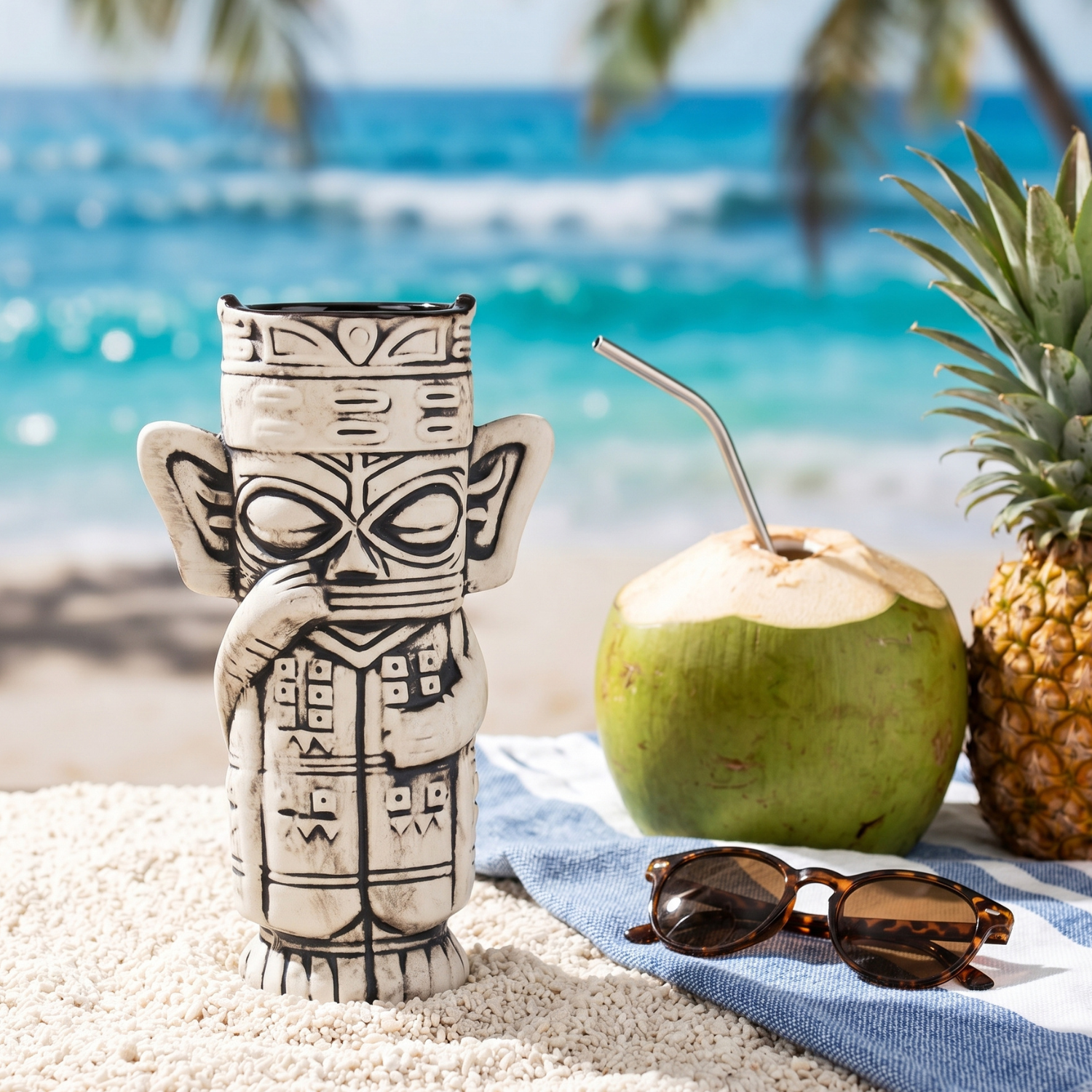 Ceramic tiki mug beside a coconut drink with straw, tribal totem face design