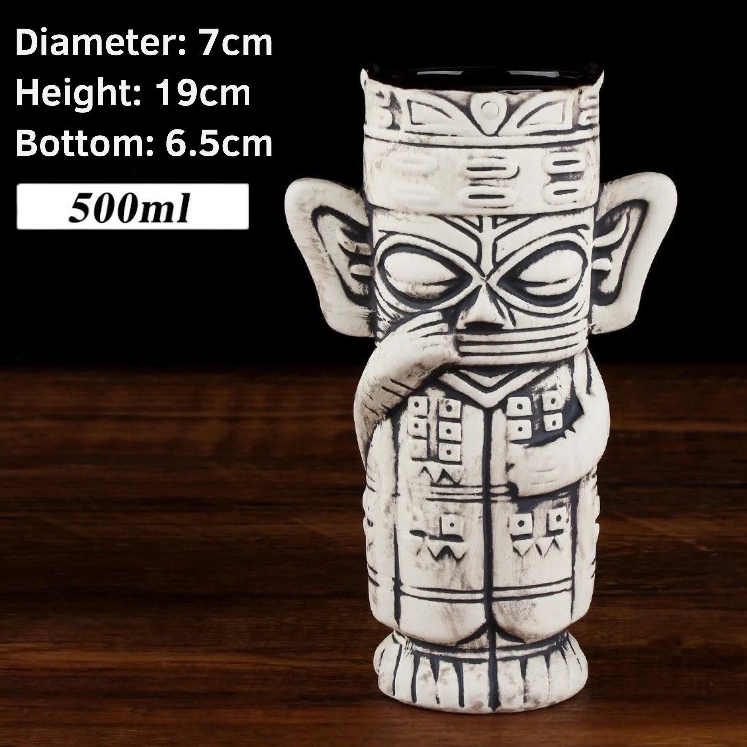 Tiki mug: 7 cm dia, 19 cm height, 6.5 cm bottom; 500 ml capacity