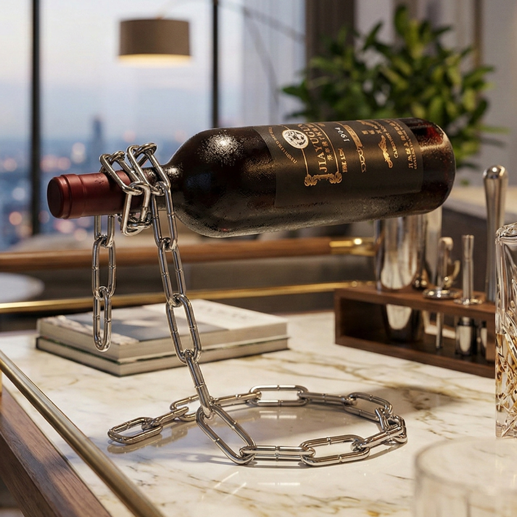 Wine bottle holder stand with bronze-toned chain suspending a dark wine bottle