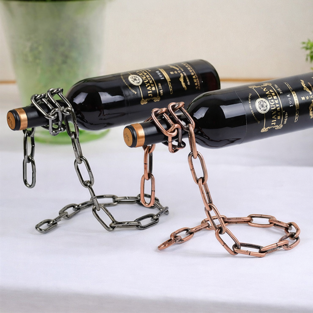 Wine bottle holder stand with copper-toned chain holding two dark wine bottles
