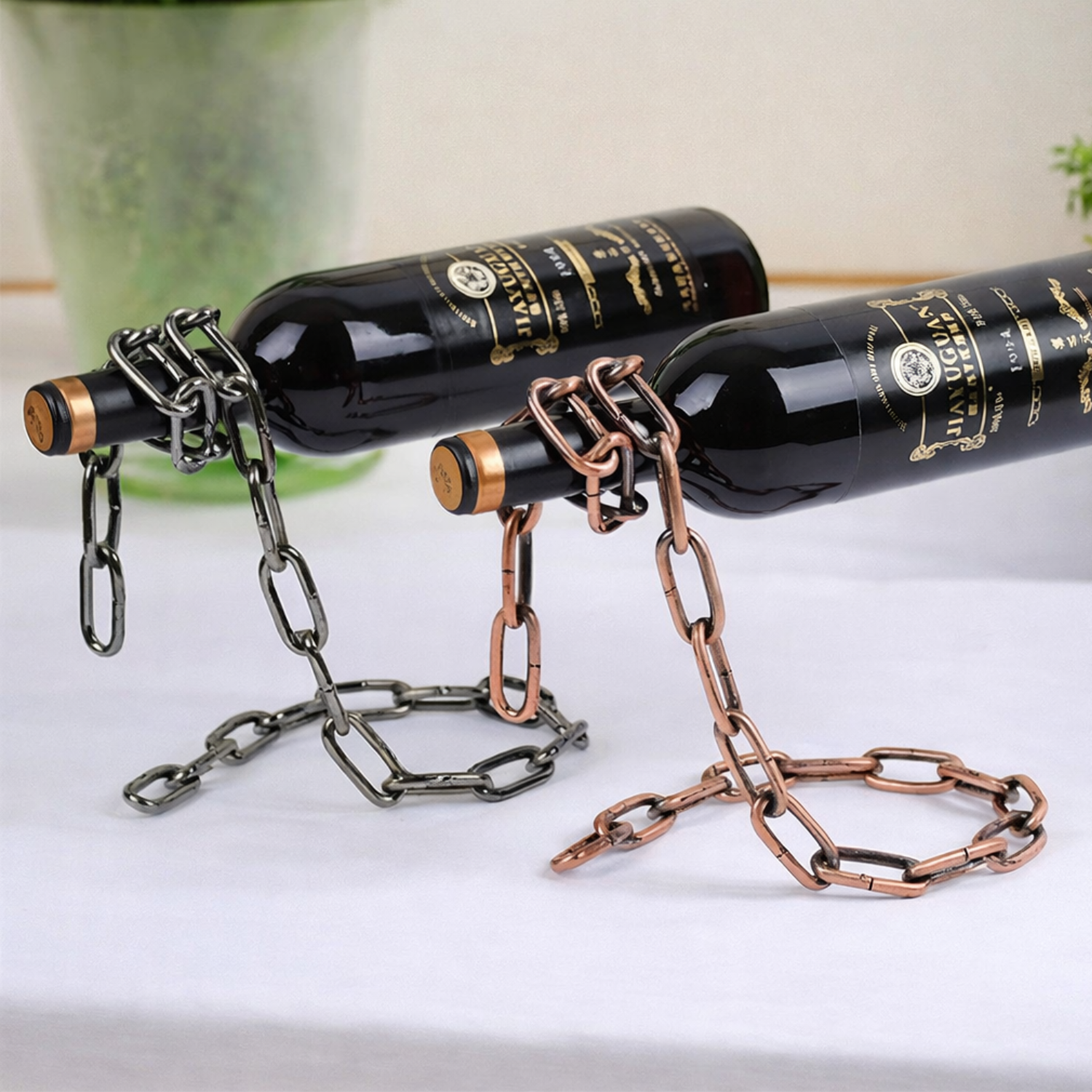 Anti Gravity Wine Bottle Holder Stand – Floating Chain Suspension Wine Rack (Bronze / Stainless Steel Iron)