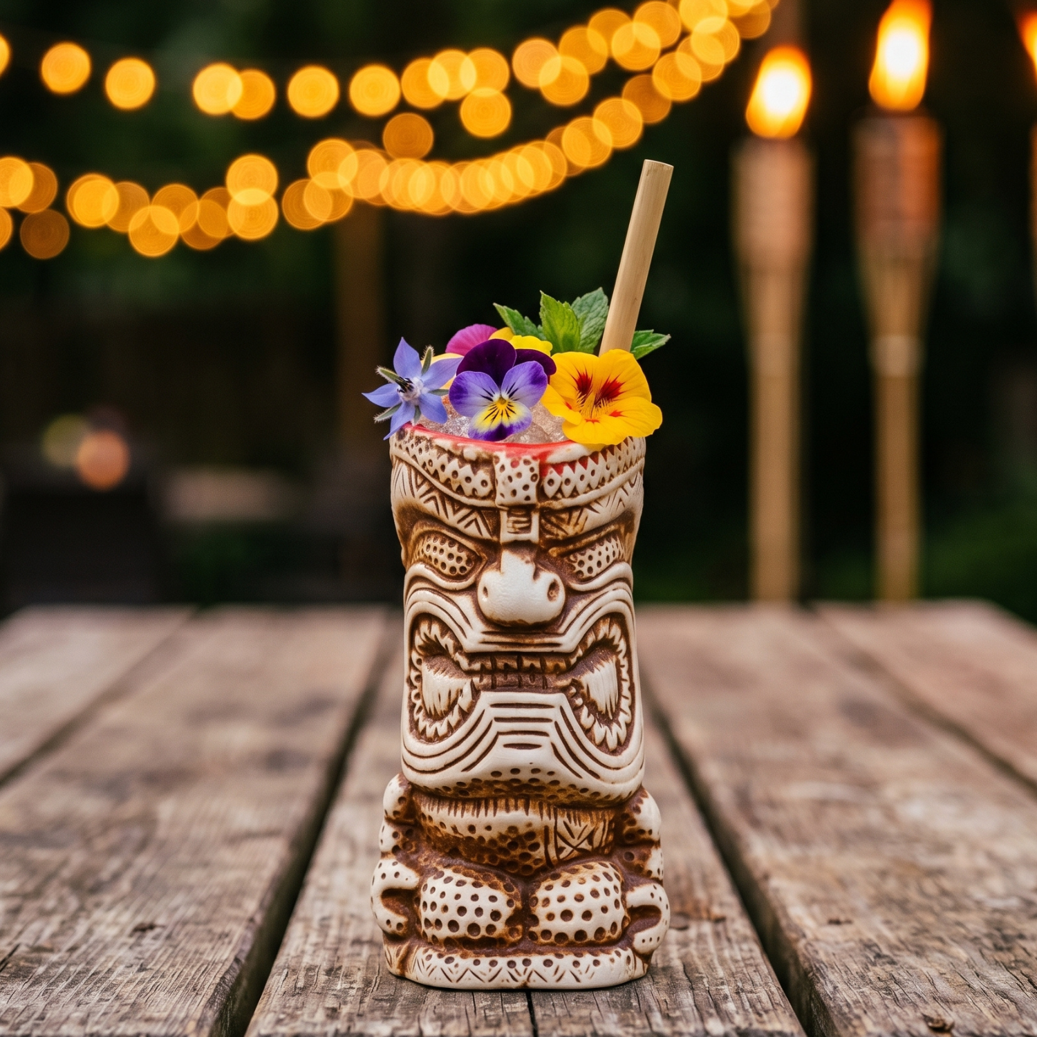 Tiki mug with a drink and flowers on a wooden table with blurred lights in the background