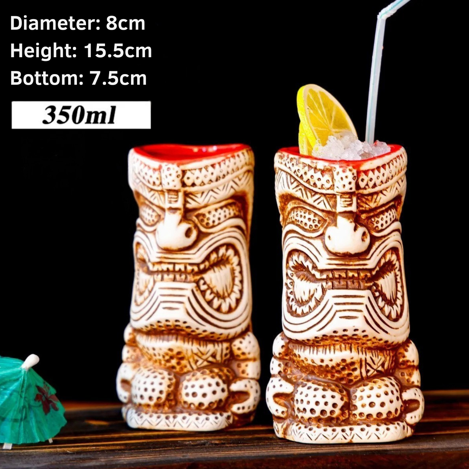 Two tiki mugs with decorative patterns, one with a straw and lemon slice, on a dark background.