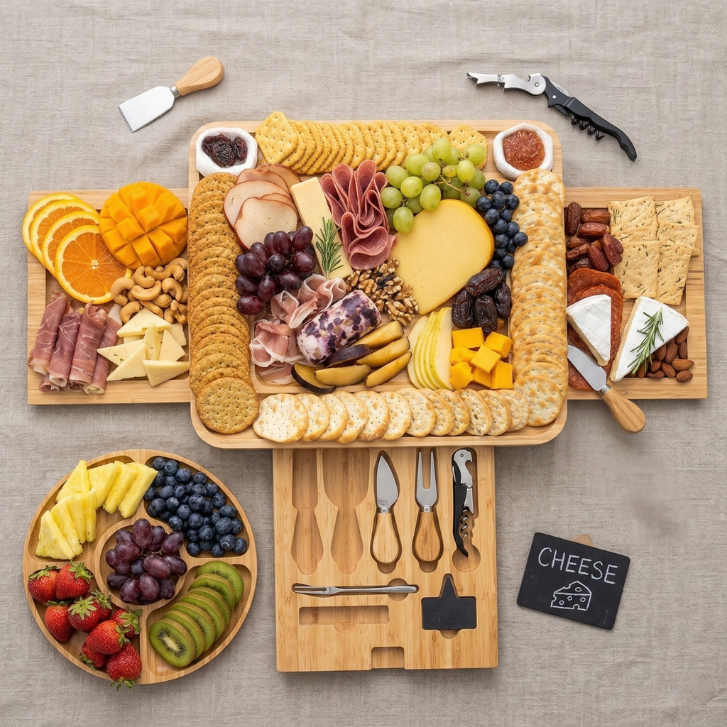 Bamboo Charcuterie Board Set with 3 Storage Drawers & Serving Tray – Expandable Cheese Board with Knife Set & Bowls