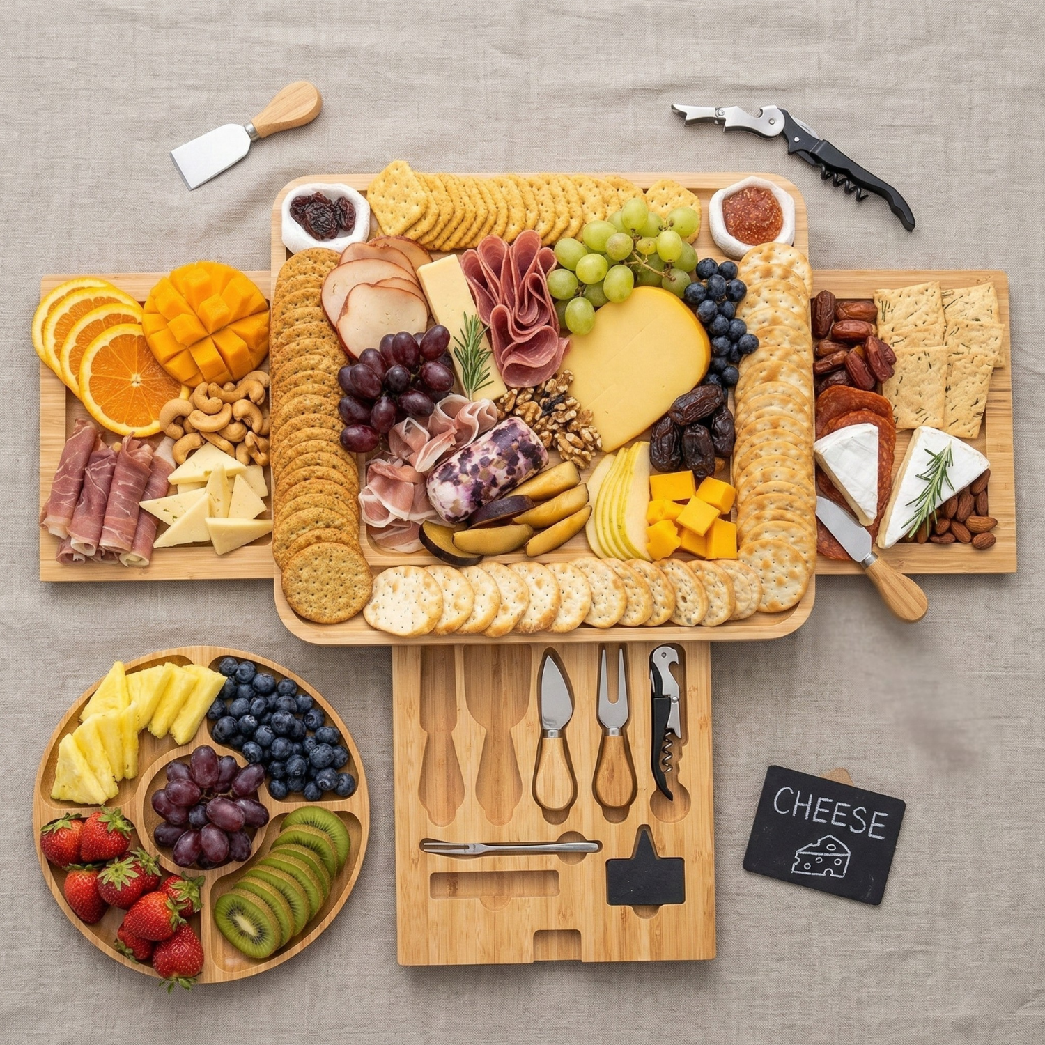 Bamboo Charcuterie Board Set with 3 Storage Drawers & Serving Tray – Expandable Cheese Board with Knife Set & Bowls