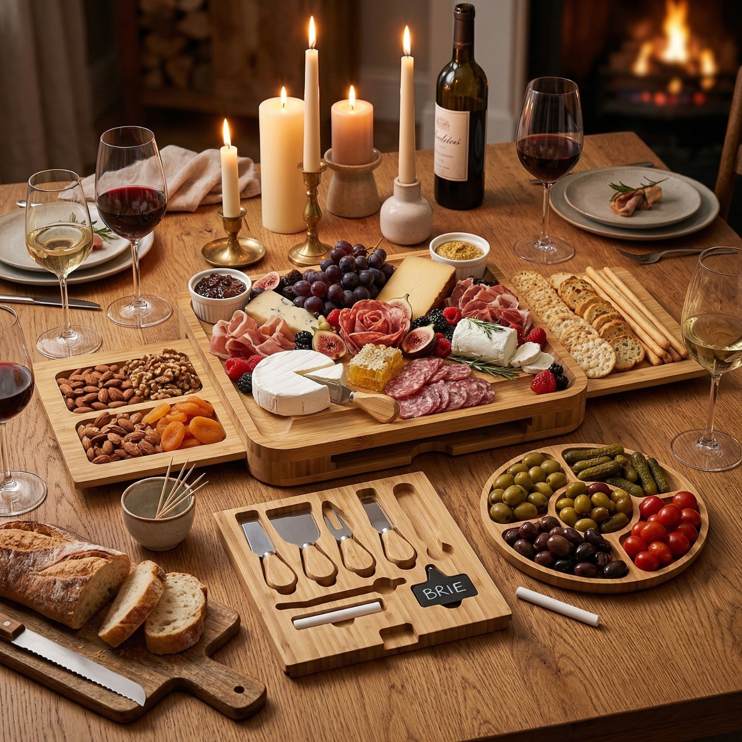 Bamboo Charcuterie Board Set with 3 Storage Drawers & Serving Tray – Expandable Cheese Board with Knife Set & Bowls