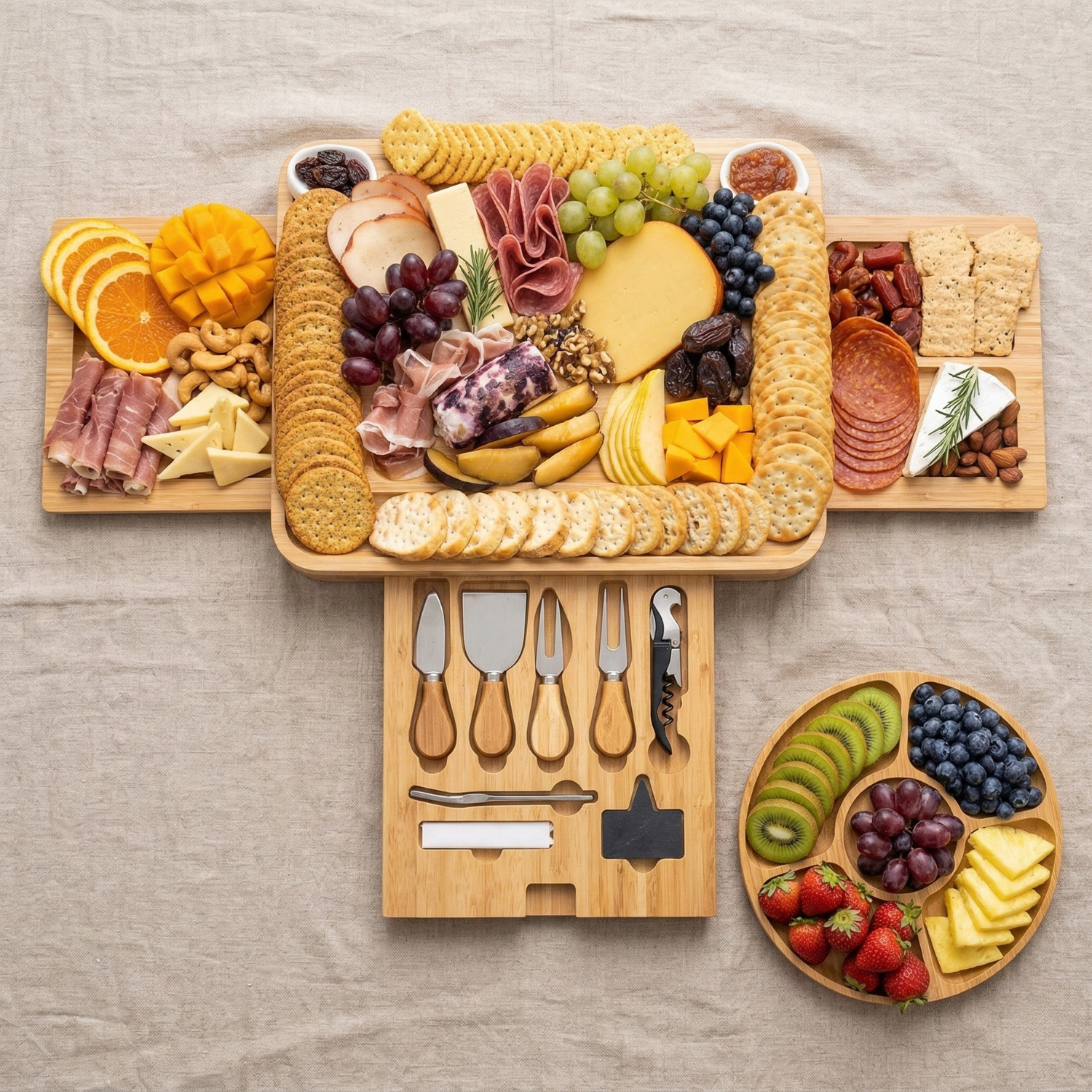 Bamboo Charcuterie Board Set with 3 Storage Drawers & Serving Tray – Expandable Cheese Board with Knife Set & Bowls