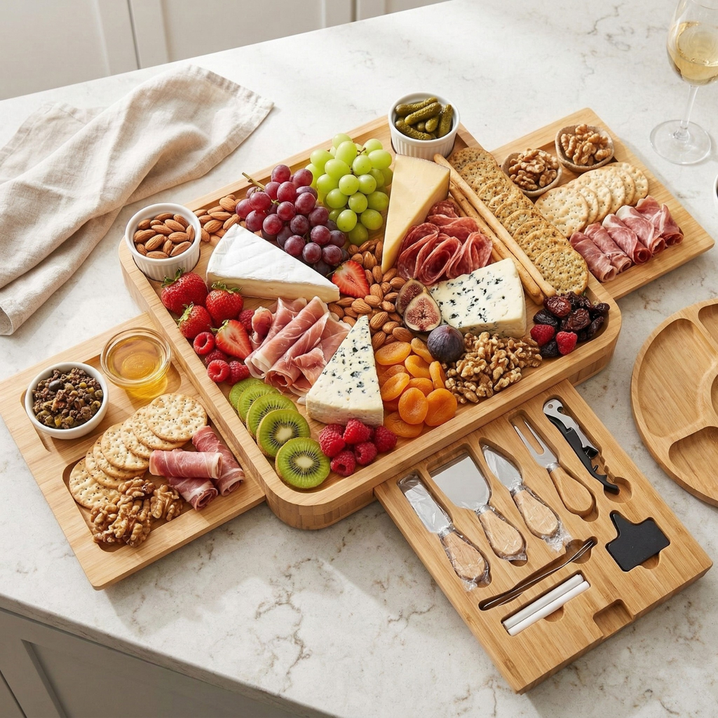 Bamboo Charcuterie Board Set with 3 Storage Drawers & Serving Tray – Expandable Cheese Board with Knife Set & Bowls