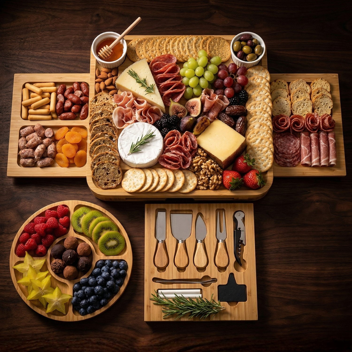 Bamboo Charcuterie Board Set with 3 Storage Drawers & Serving Tray – Expandable Cheese Board with Knife Set & Bowls