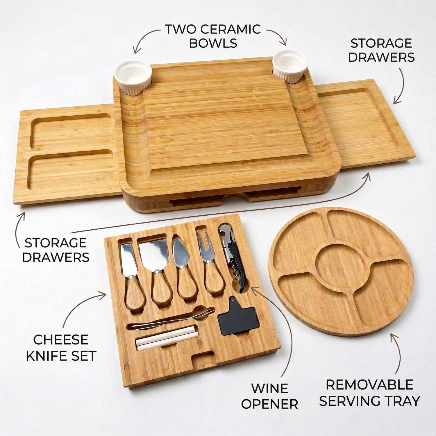 Bamboo Charcuterie Board Set with 3 Storage Drawers & Serving Tray – Expandable Cheese Board with Knife Set & Bowls