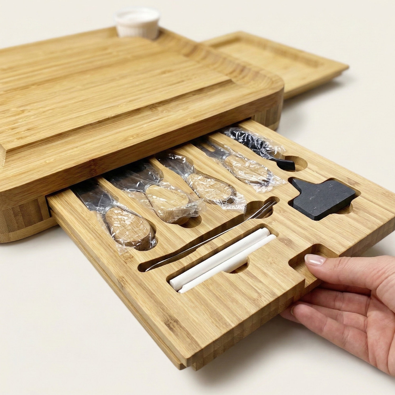 Bamboo Charcuterie Board Set with 3 Storage Drawers & Serving Tray – Expandable Cheese Board with Knife Set & Bowls