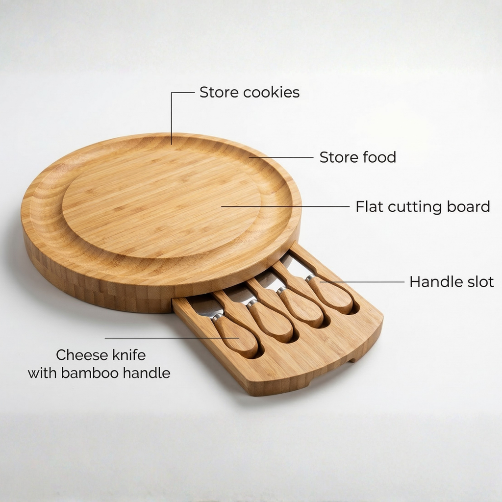 Wooden cutting board with knife set on a white background