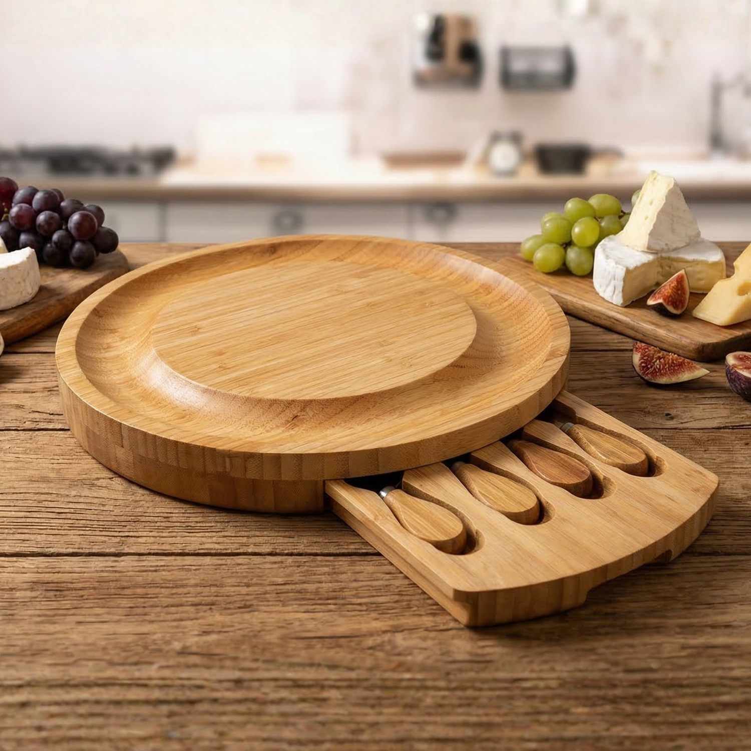 Wooden cheese board with slide-out knife holder on a kitchen counter.