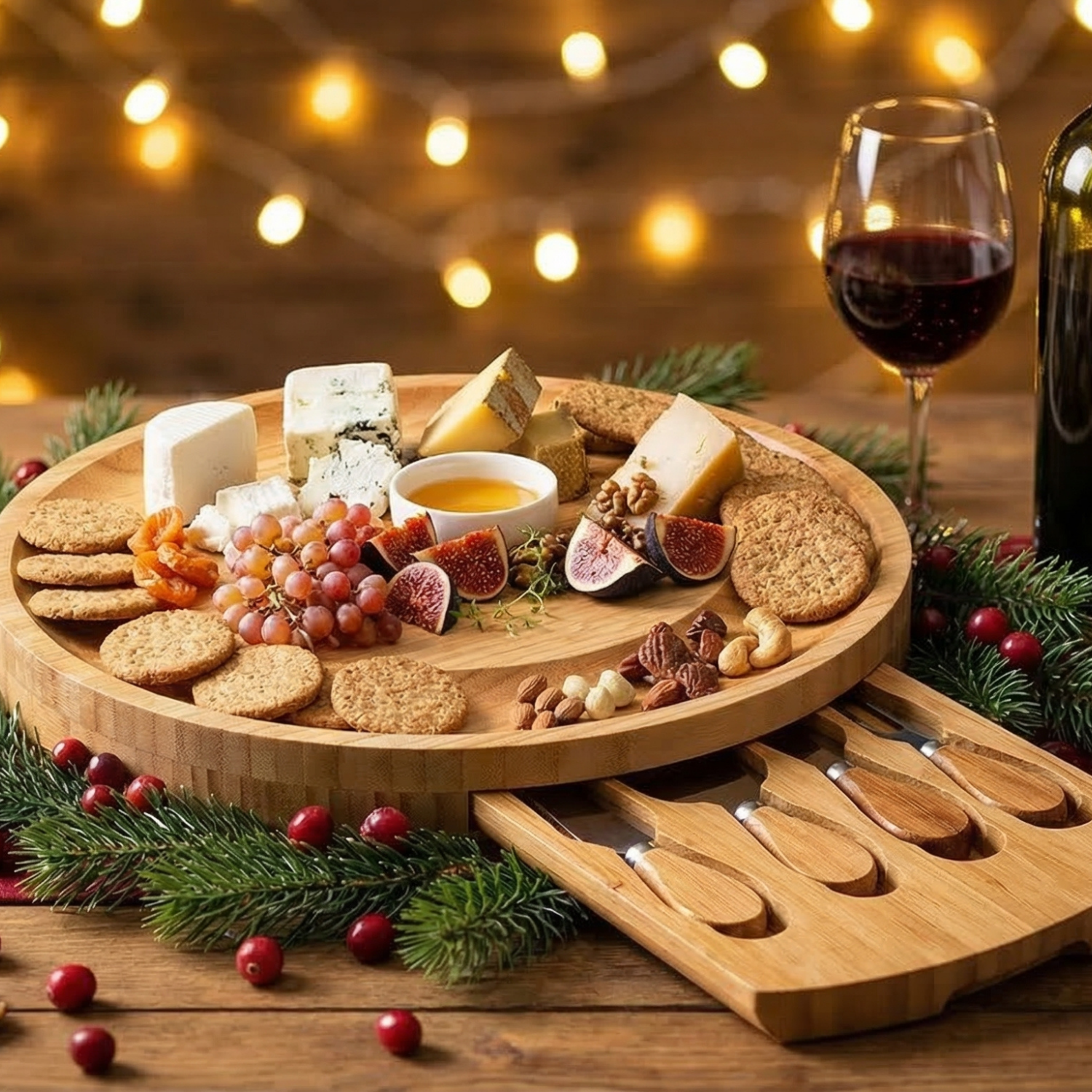 Bamboo Charcuterie Board Set with 4 Cheese Knives – 13.5" Round Cutting Board with Hidden Drawer, Eco-Friendly Cheese Platter for Entertaining