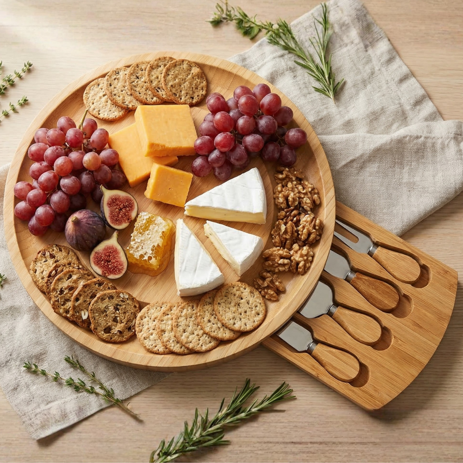 Bamboo Charcuterie Board Set with 4 Cheese Knives – 13.5" Round Cutting Board with Hidden Drawer, Eco-Friendly Cheese Platter for Entertaining