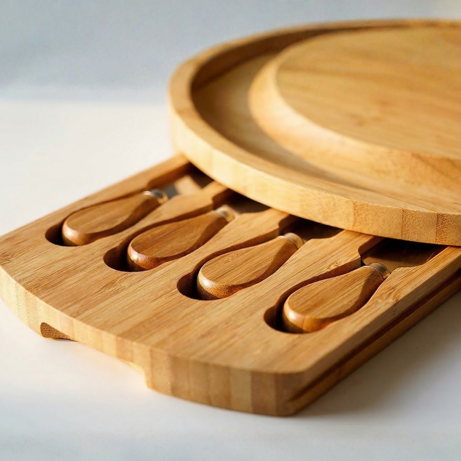 Bamboo Charcuterie Board Set with 4 Cheese Knives – 13.5" Round Cutting Board with Hidden Drawer, Eco-Friendly Cheese Platter for Entertaining
