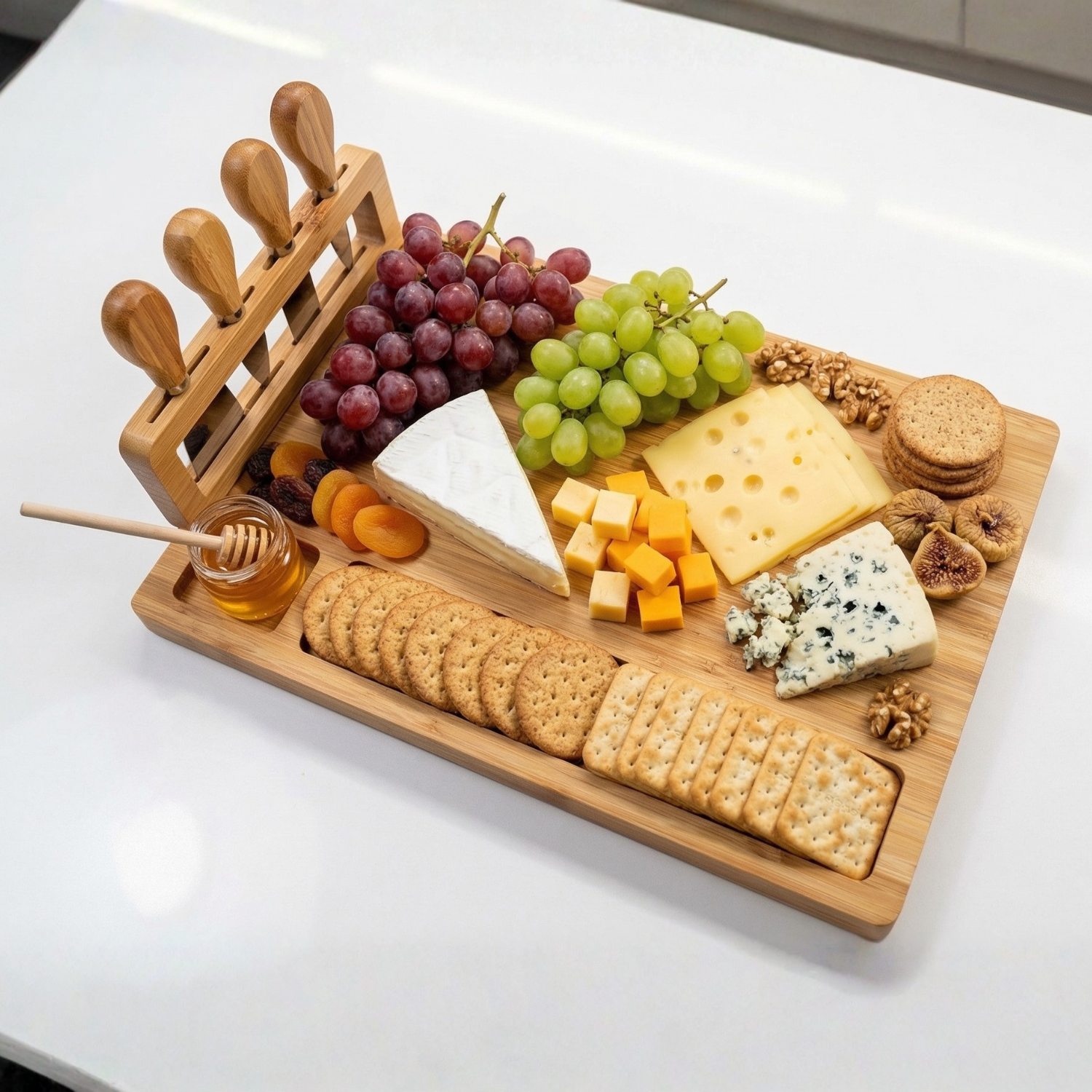 Bamboo Charcuterie Board with Vertical Cheese Knife Set – Premium Cheese Board Serving Tray for Wine & Entertaining