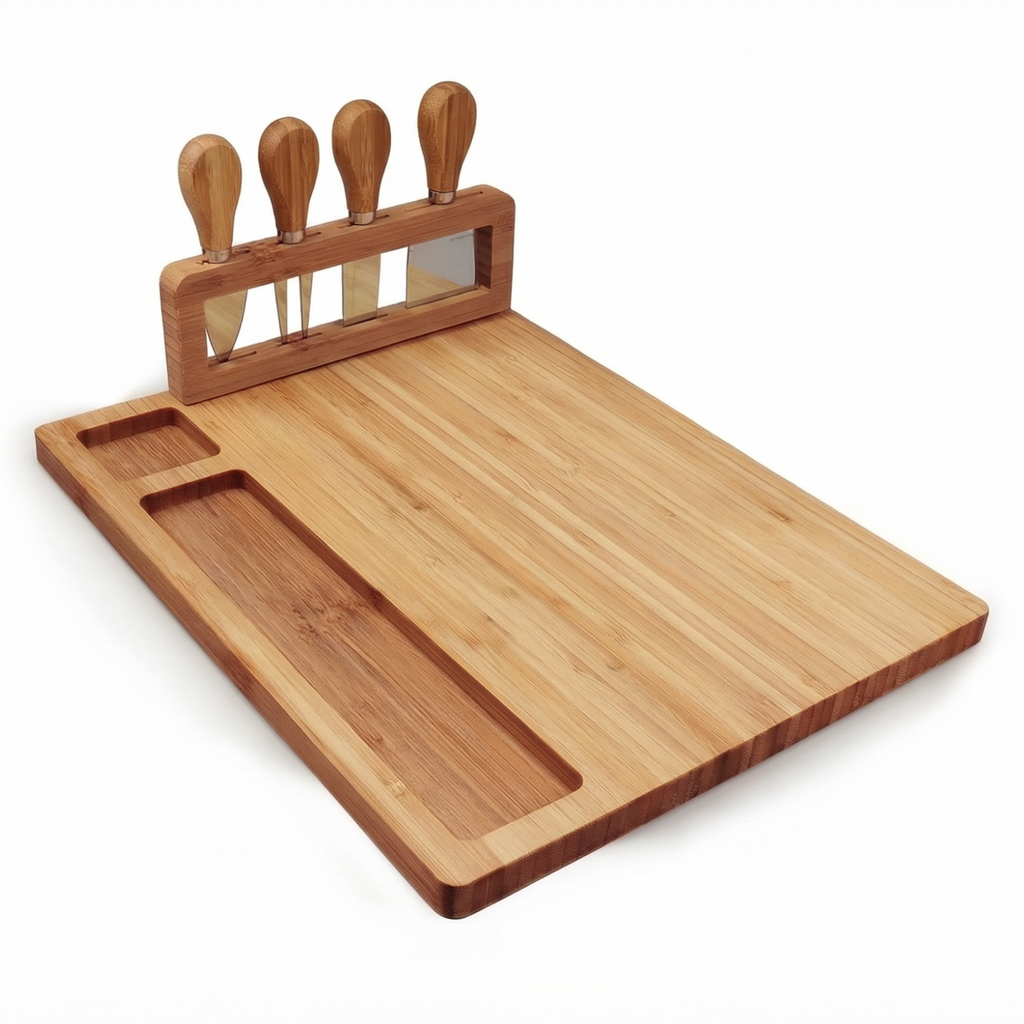 Bamboo cheese board with long serving groove and side slots for knife set
