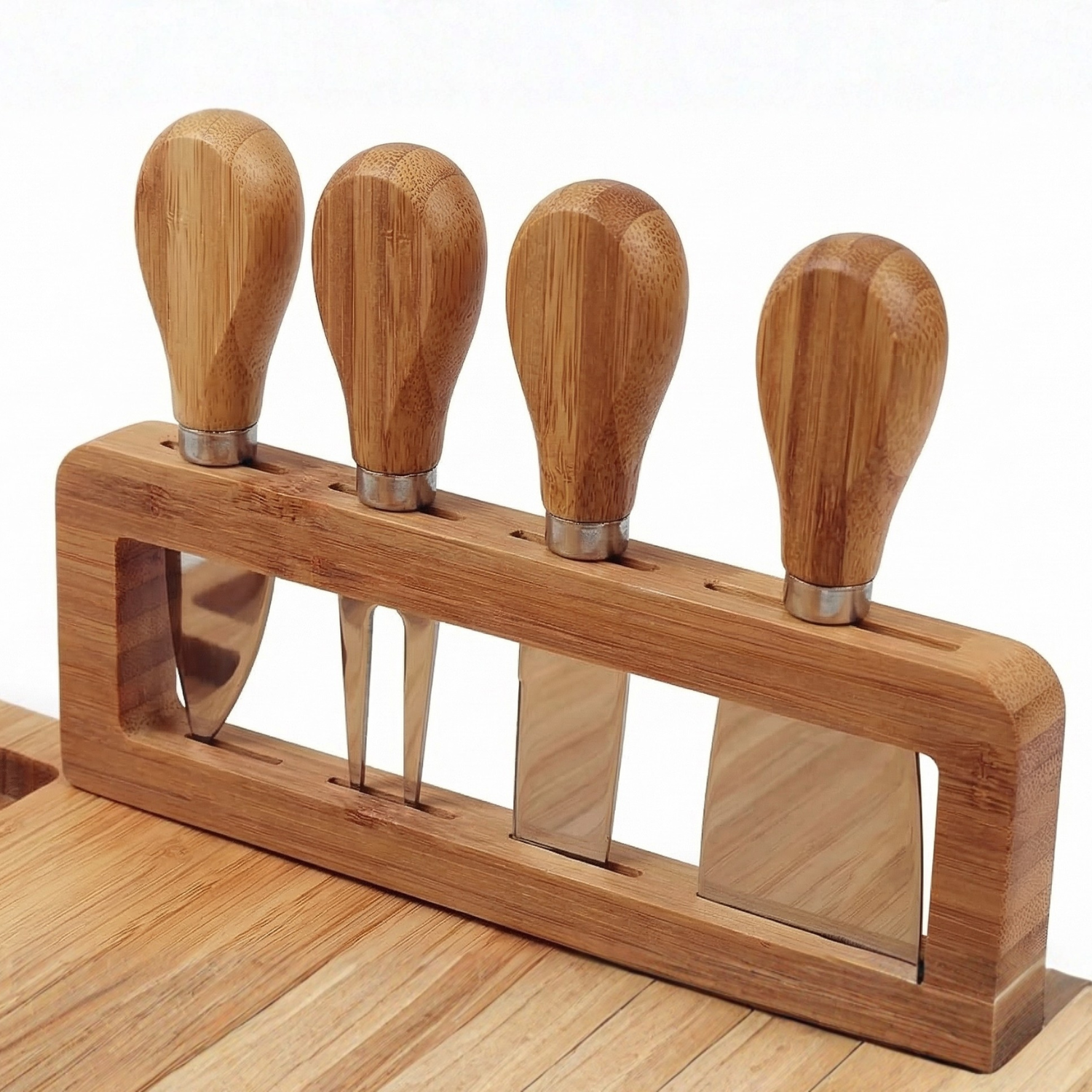 Bamboo Charcuterie Board with Vertical Cheese Knife Set – Premium Cheese Board Serving Tray for Wine & Entertaining