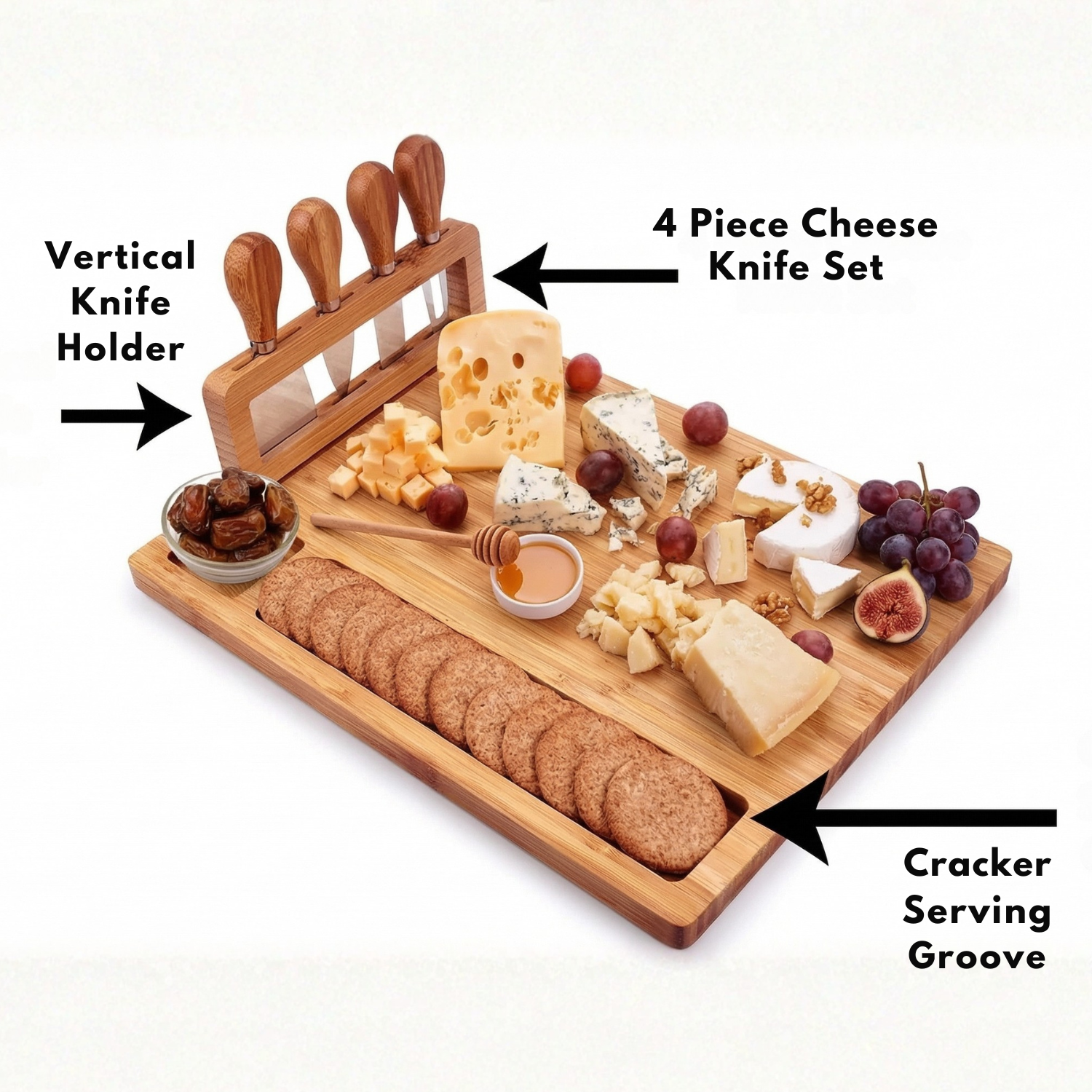 Bamboo charcuterie board with vertical cheese knife set and cracker serving groove