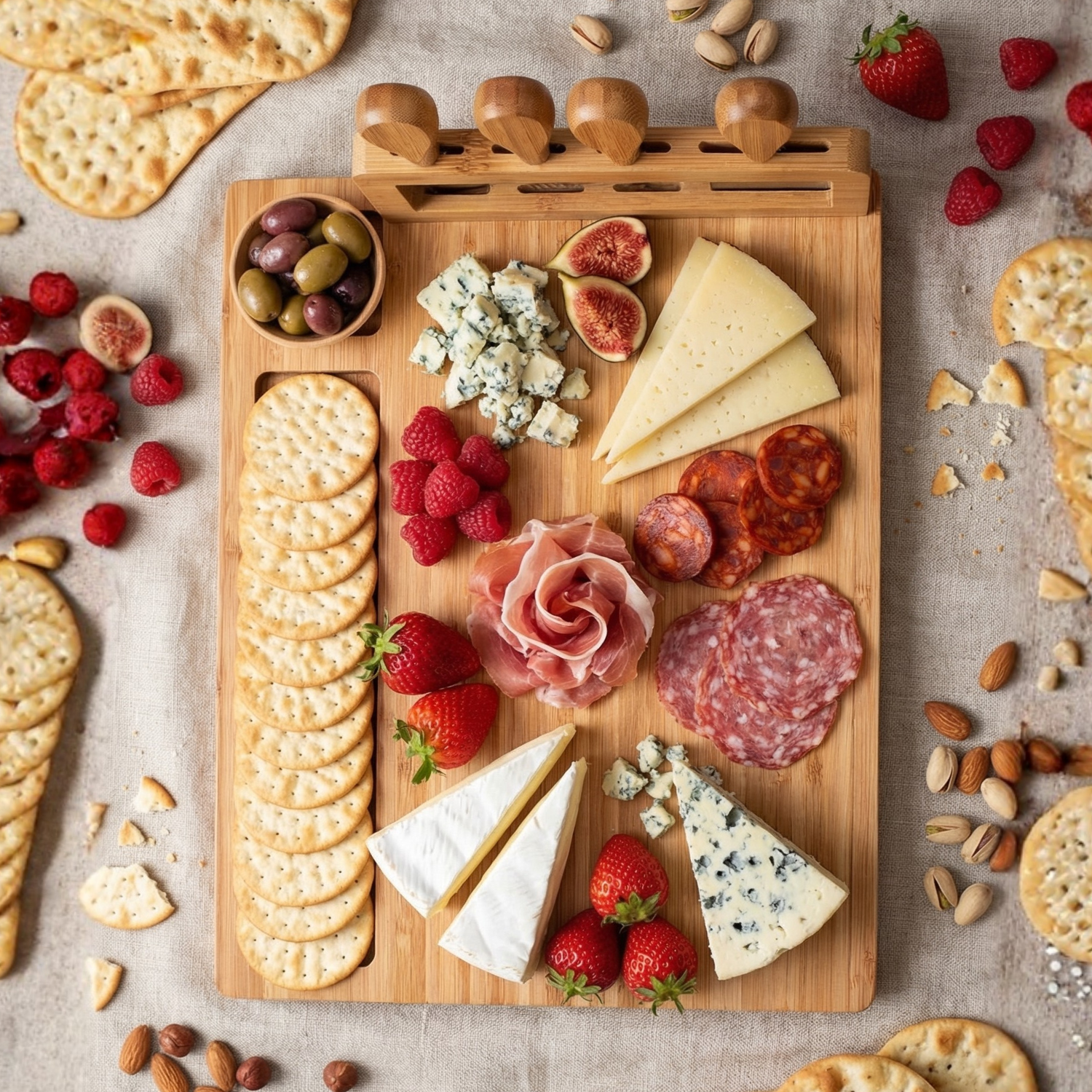 Bamboo Charcuterie Board with Vertical Cheese Knife Set – Premium Cheese Board Serving Tray for Wine & Entertaining